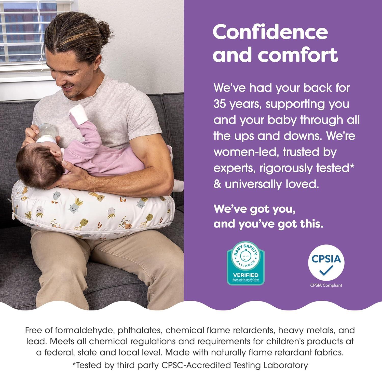 imageBoppy Nursing Pillow Ergonomic Bottle ampamp Breastfeeding Pillow with High Firm Large Area WaterRepellent Cushion with Washable Cover Baby Safety Alliance Verified Quilted MossTan Happy Houseplants