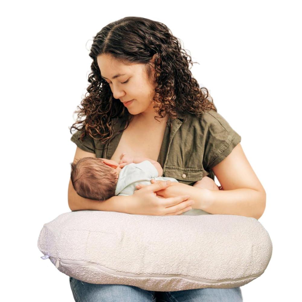 imageBoppy Nursing Pillow Ergonomic Bottle ampamp Breastfeeding Pillow with High Firm Large Area WaterRepellent Cushion with Washable Cover Baby Safety Alliance Verified Quilted MossLuxe Oatmeal Boucle