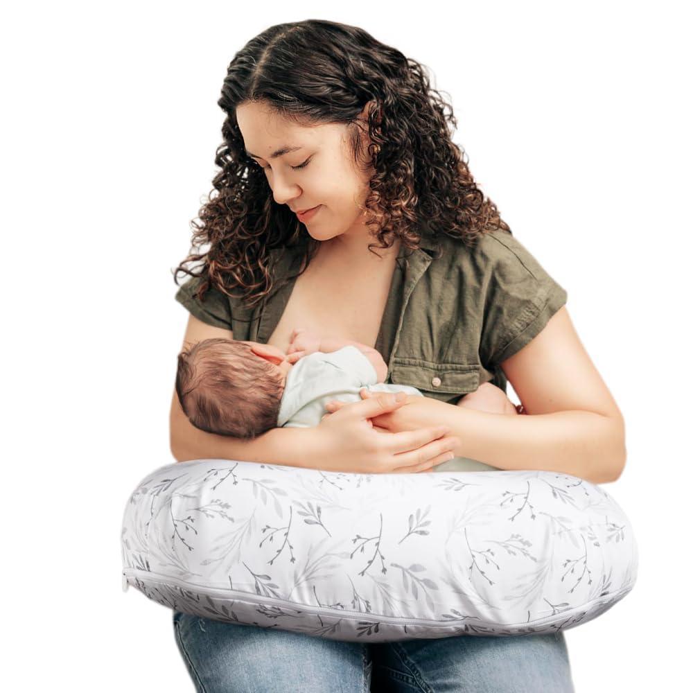 imageBoppy Nursing Pillow Ergonomic Bottle ampamp Breastfeeding Pillow with High Firm Large Area WaterRepellent Cushion with Washable Cover Baby Safety Alliance Verified Quilted MossGray Gentle Leaves