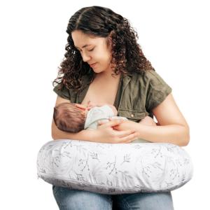 Boppy Nursing Pillow – Ergonomic Bottle & Breastfeeding Pillow with High, Firm, Large Area, Water-Repellent Cushion with Washable Cover; Baby Safety Alliance Verified – Quilted Moss(Gray Gentle Leaves)
