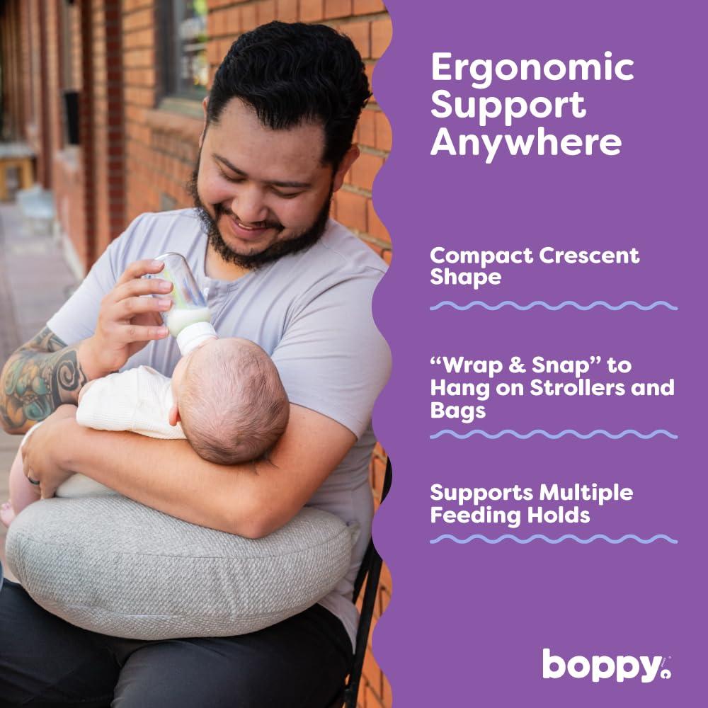 imageBoppy Anywhere Travel Nursing Pillow  Compact Ergonomic Bottle ampamp Breastfeeding Pillow with Snap ampamp Loop Hanging Closure and Firm Hypoallergenic Fill Baby Safety Alliance Verified  Gray 20