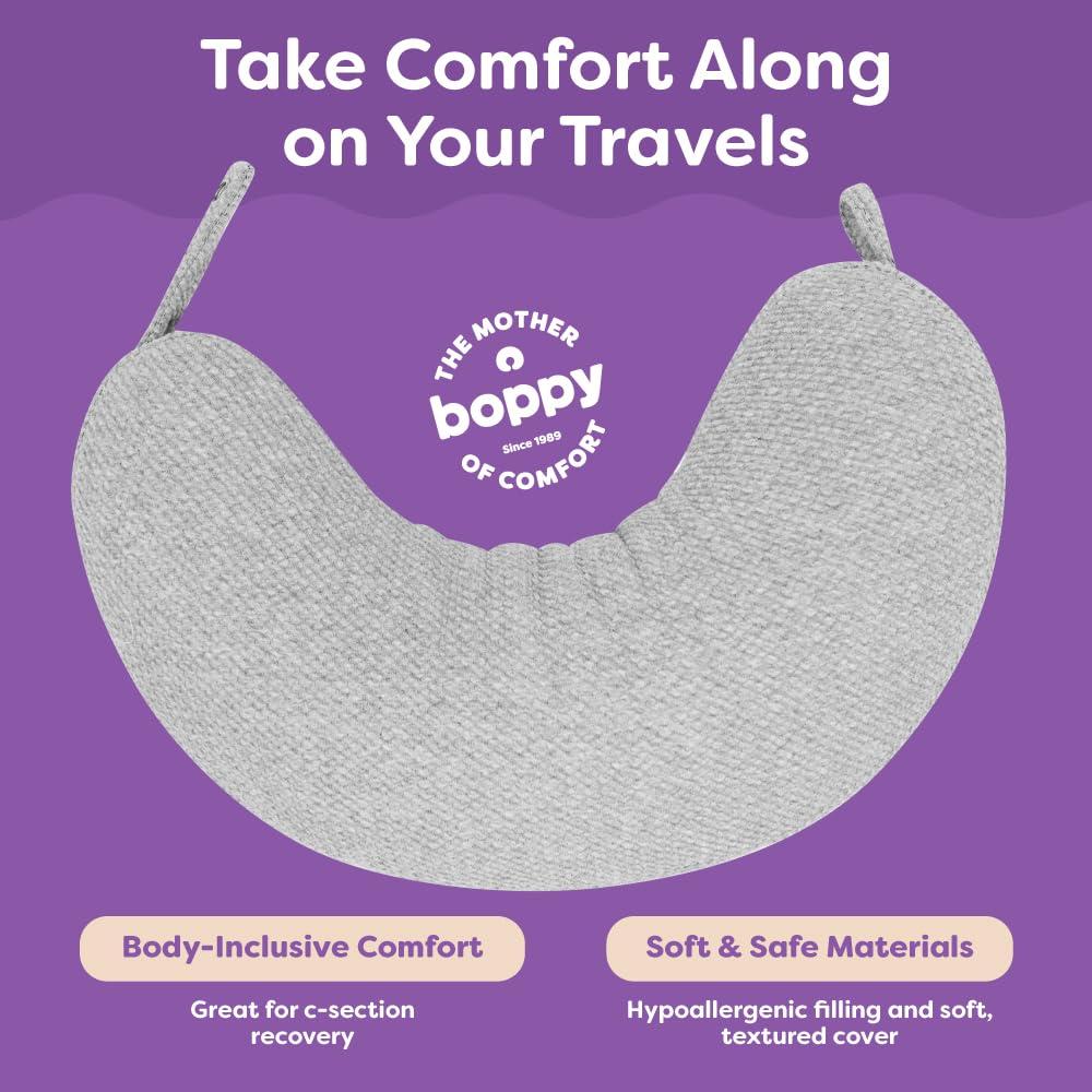 imageBoppy Anywhere Travel Nursing Pillow  Compact Ergonomic Bottle ampamp Breastfeeding Pillow with Snap ampamp Loop Hanging Closure and Firm Hypoallergenic Fill Baby Safety Alliance Verified  Gray 20