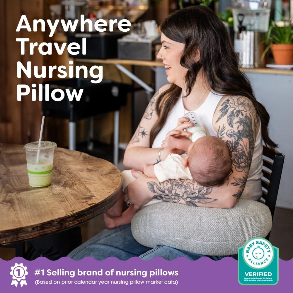 imageBoppy Anywhere Travel Nursing Pillow  Compact Ergonomic Bottle ampamp Breastfeeding Pillow with Snap ampamp Loop Hanging Closure and Firm Hypoallergenic Fill Baby Safety Alliance Verified  Gray 20
